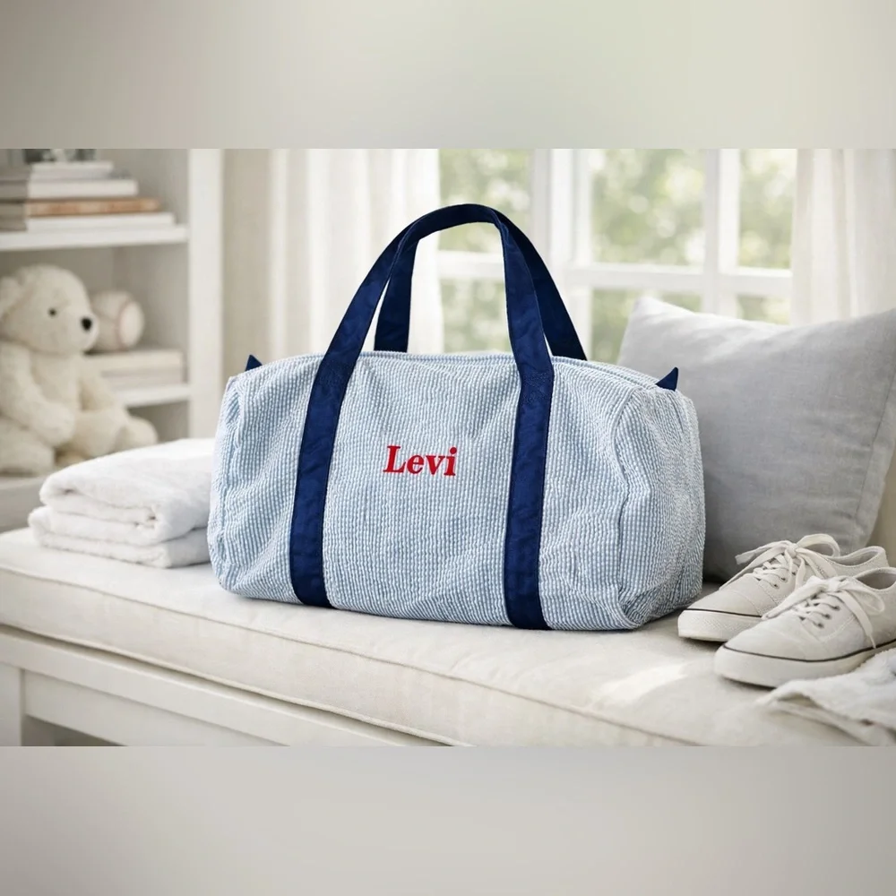 Red Levi Personalized Seersucker Duffle Bag Blue White Stripe Weekend Travel Bag